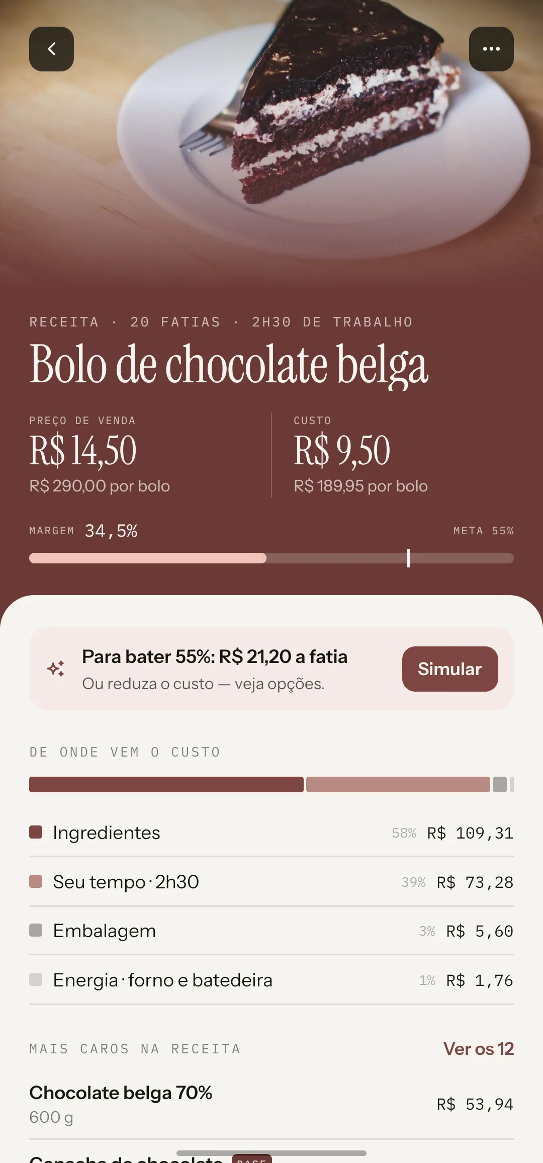 O preço sugerido de um bolo no app, com a conta de insumos, embalagem, energia, tempo e margem.