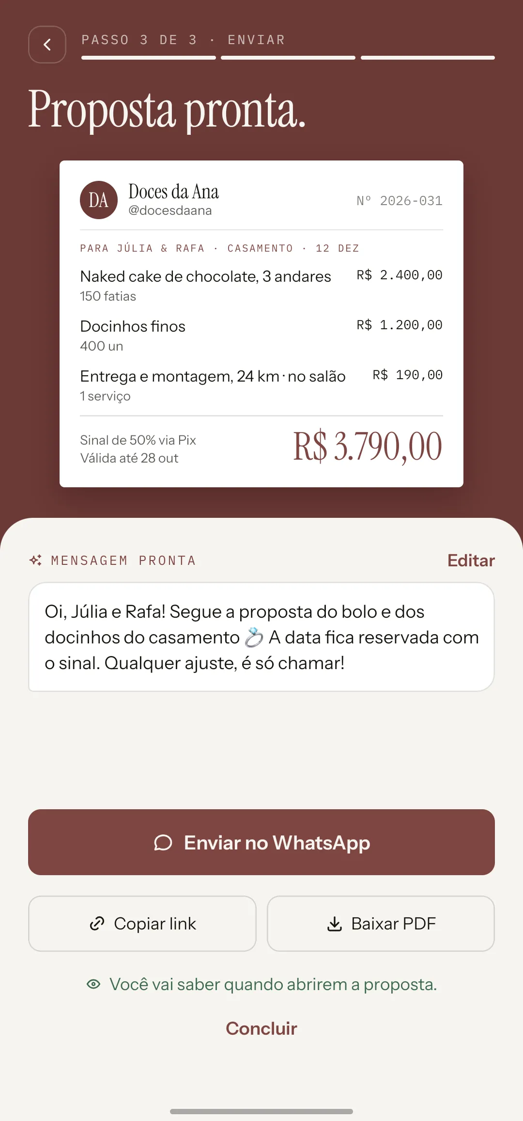 Uma proposta pronta no app, com os itens do pedido, o total e os botões para enviar pelo WhatsApp, copiar o link ou baixar o PDF.